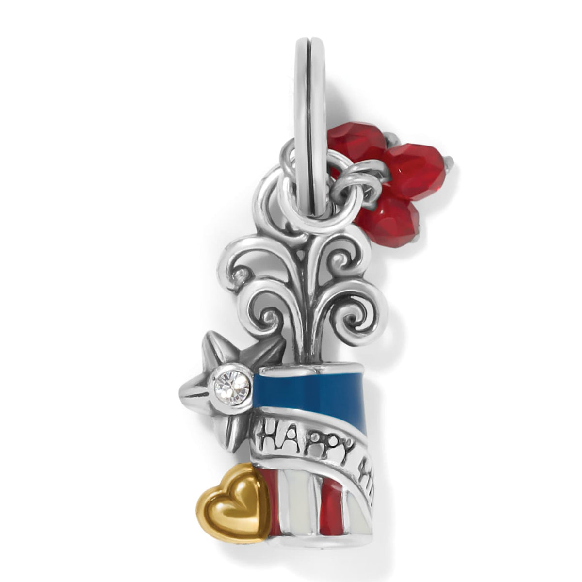 Brighton charm with silver-tone firework design, blue and red enamel, crystal accent, and red crystals on a white background