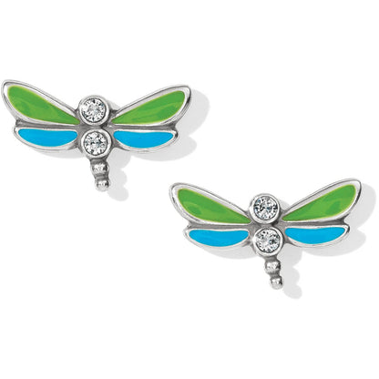 Brighton dragonfly stud earrings with green and blue enamel wings, crystal accents, and silver-plated finish on a white background