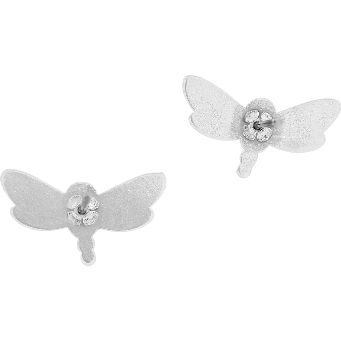 Brighton silver-plated dragonfly stud earrings with small floral centers and detailed wings on a white background