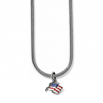 Brighton charm necklace with silver-plated snake chain and American flag pendant in red, white, and blue on a white background