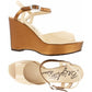 Brighton wedge sandals in cream patent with bronze metallic ankle strap and platform, shown from two angles on a white background