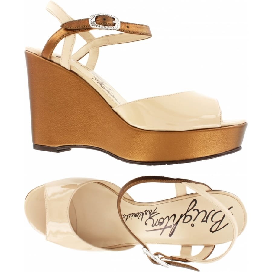Brighton wedge sandals in cream patent with bronze metallic ankle strap and platform, shown from two angles on a white background