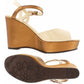 Brighton wedge sandals in bronze and cream leather with ankle strap and patterned sole on a white background