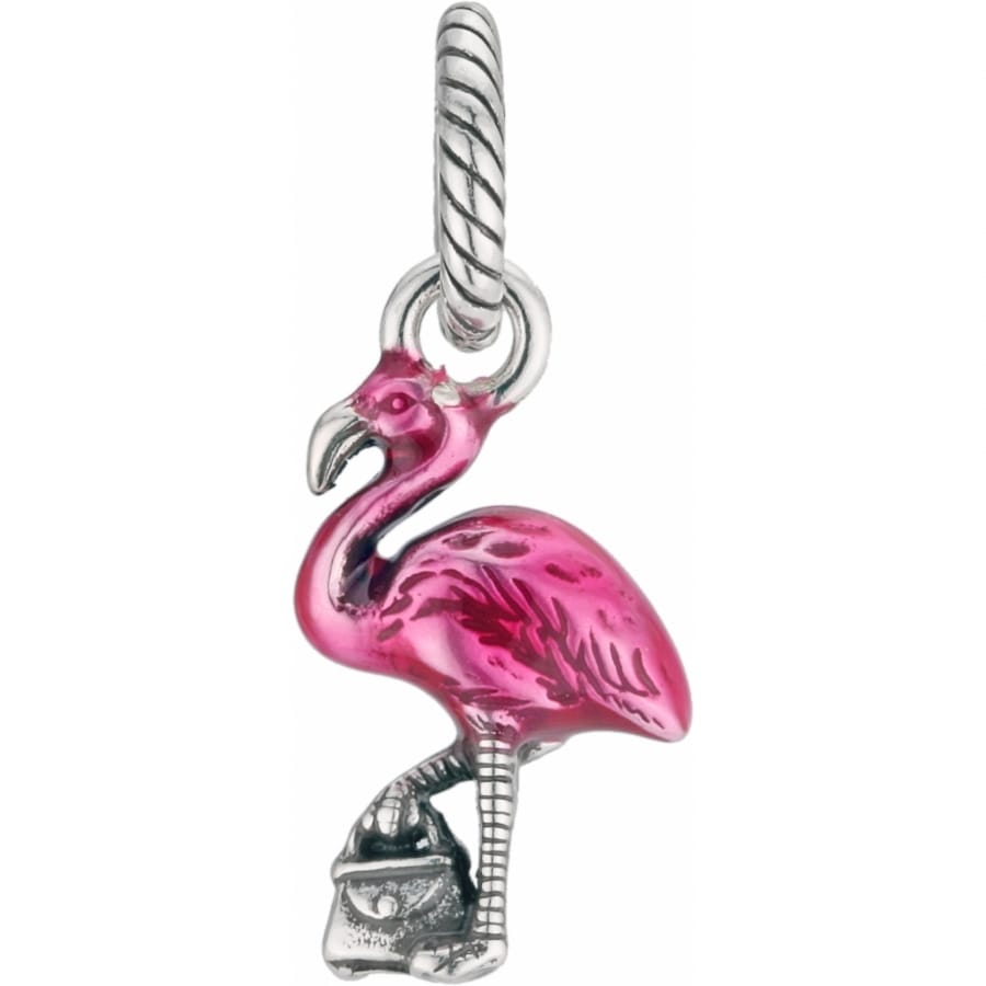 Brighton flamingo charm with pink enamel finish and silver-tone legs and loop on a white background