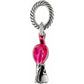 Brighton flamingo charm with pink enamel body and silver-tone legs hanging from a rope-textured ring on a white background