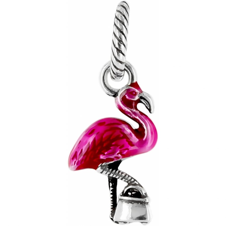 Brighton flamingo charm with pink enamel finish and silver-tone rope-textured bail on a white background