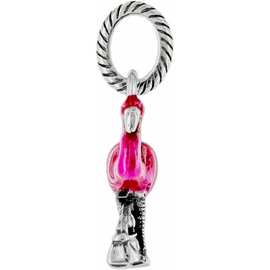 Brighton flamingo charm with pink enamel body and silver-tone rope-textured ring on a white background