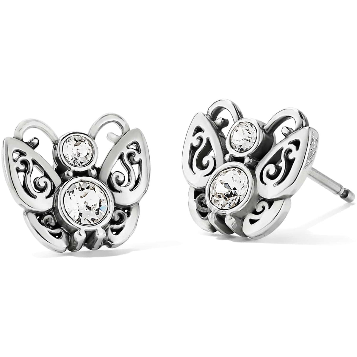 Brighton butterfly stud earrings with silver-plated filigree wings and crystal accents on a white background