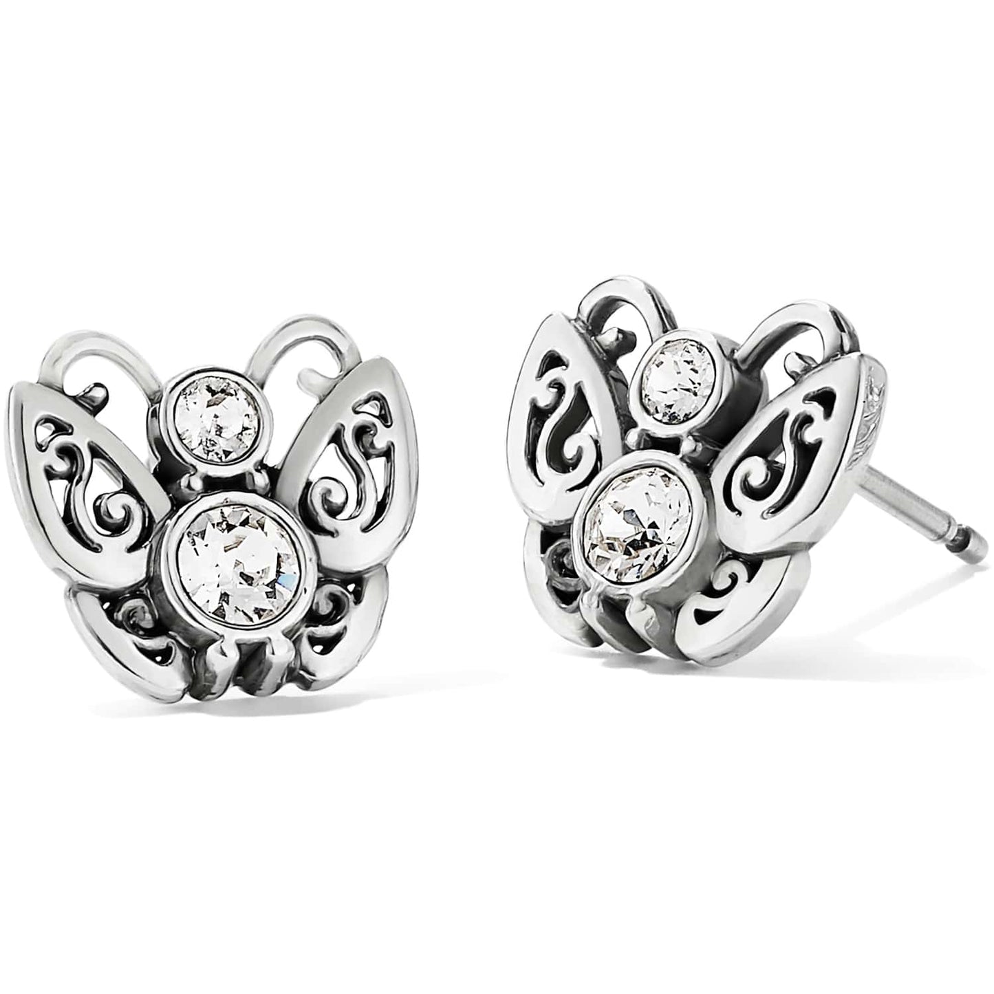 Brighton butterfly stud earrings with silver-plated filigree wings and crystal accents on a white background