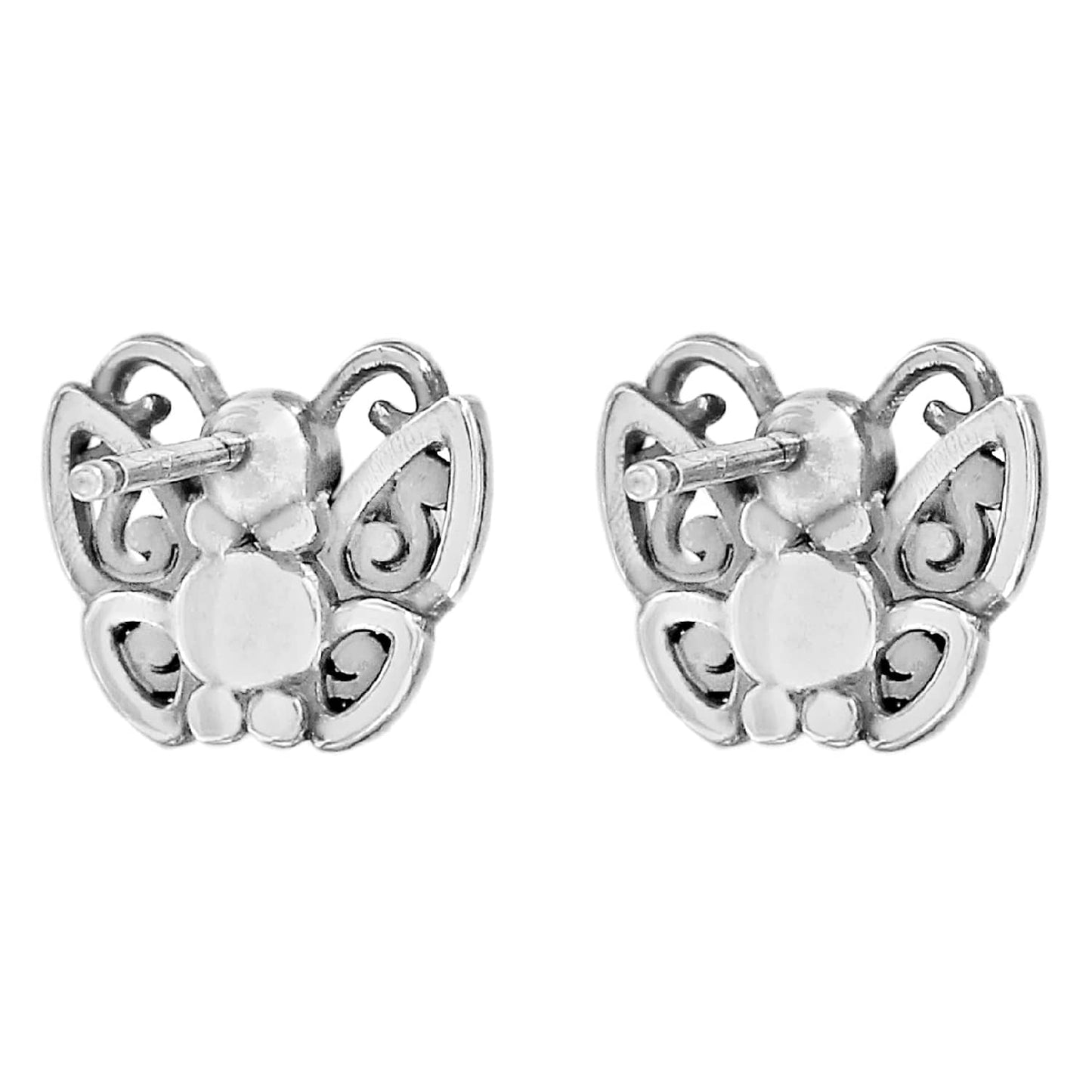 Brighton butterfly stud earrings with silver-plated openwork filigree wings and polished centers on a white background