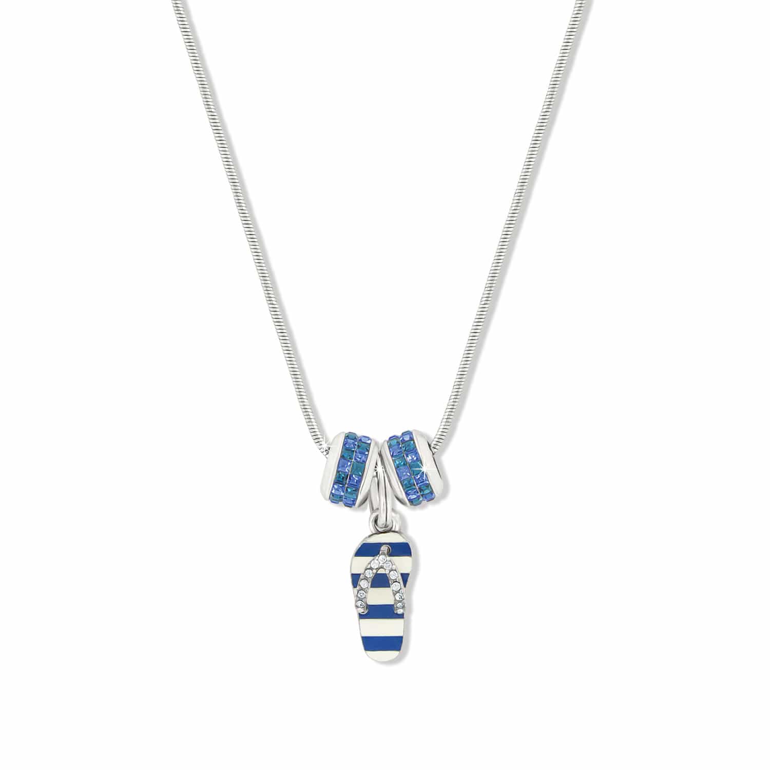 Brighton pendant necklace with blue striped enamel flip-flop charm and two silver-plated crystal rings on a white background