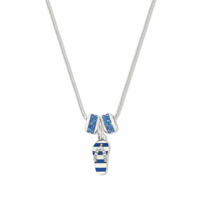 Brighton pendant necklace with blue striped enamel flip-flop charm and two silver-plated crystal rings on a white background