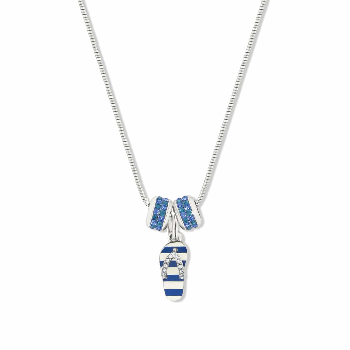 Brighton pendant necklace with blue striped enamel flip-flop charm and two silver-plated crystal rings on a white background