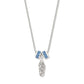 Brighton charm necklace with silver-plated sandal pendant and two blue crystal rondelle charms on a white background