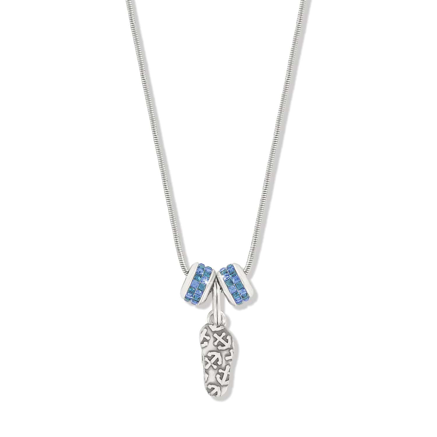 Brighton charm necklace with silver-plated sandal pendant and two blue crystal rondelle charms on a white background