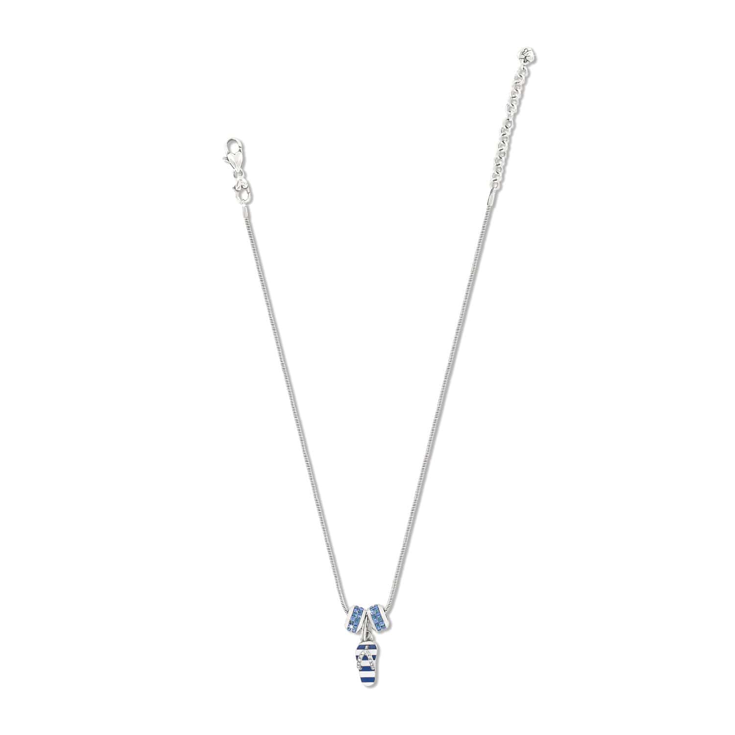 Brighton charm necklace with silver-plated chain, blue crystal rondelles, and enamel flip-flop charm on a white background