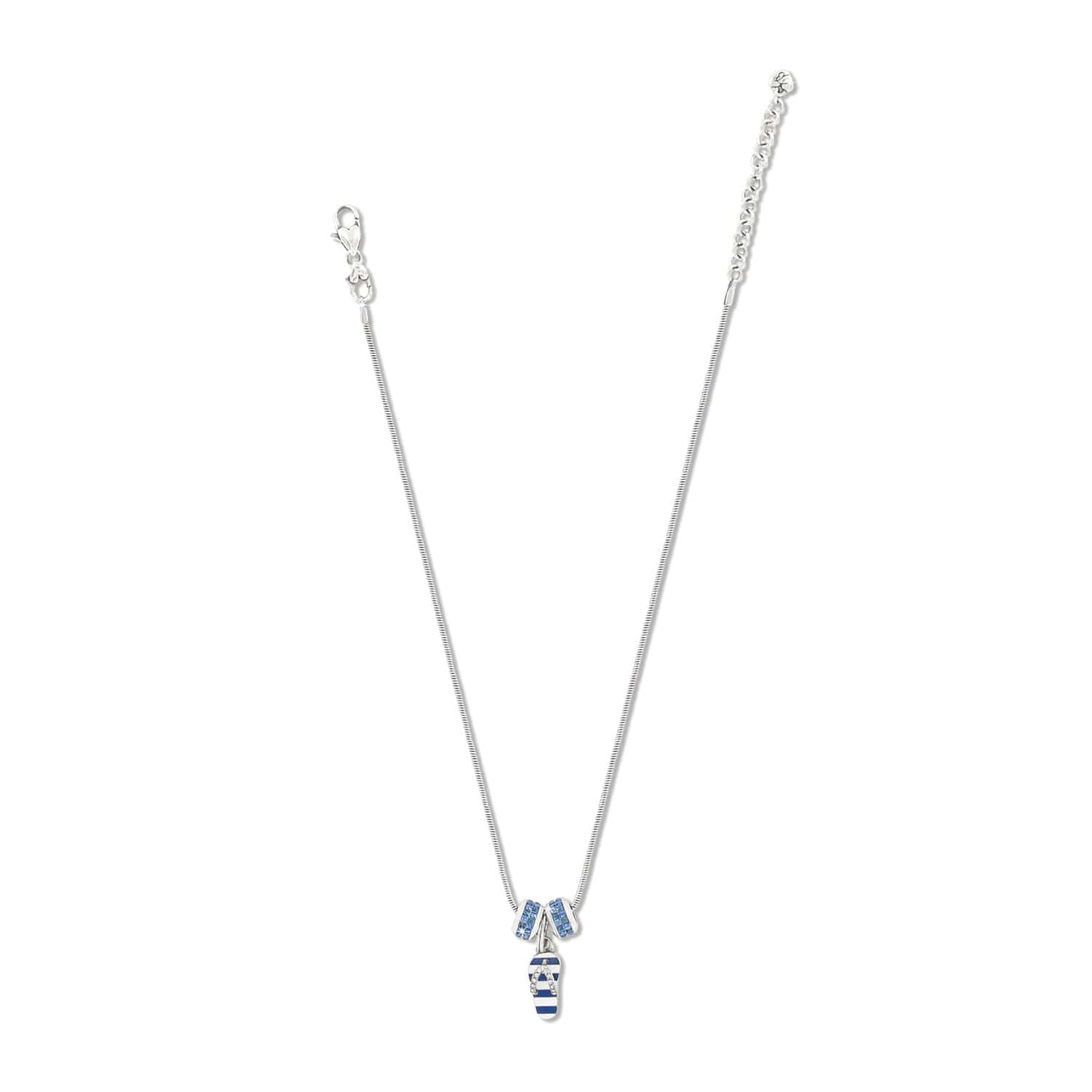 Brighton charm necklace with silver-plated chain, blue crystal rondelles, and enamel flip-flop charm on a white background