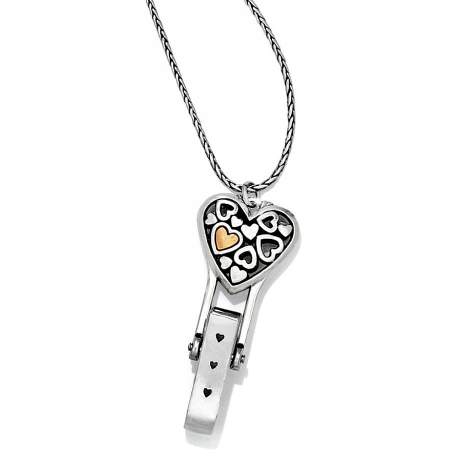 Brighton key pendant necklace with silver-plated heart charm and gold-plated heart accent on a white background