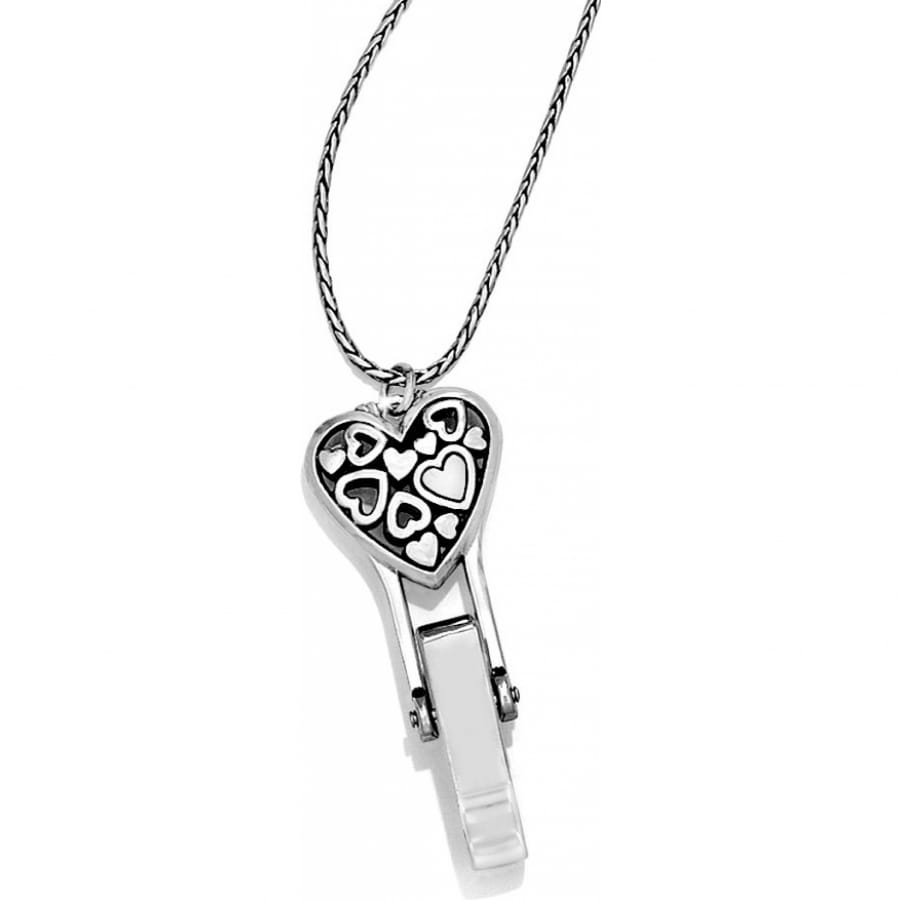 Brighton pendant necklace with silver-plated heart medallion featuring multiple heart cutouts and rope chain on a white background