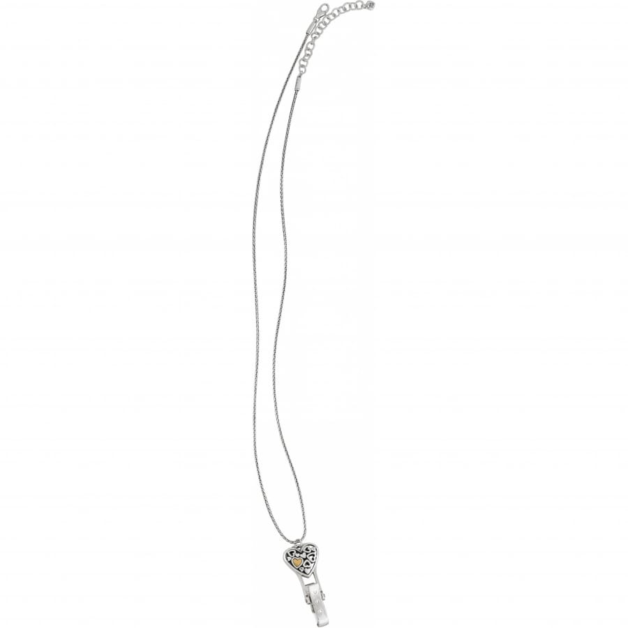 Brighton key pendant necklace with silver-plated heart design and gold-plated heart accent on a white background