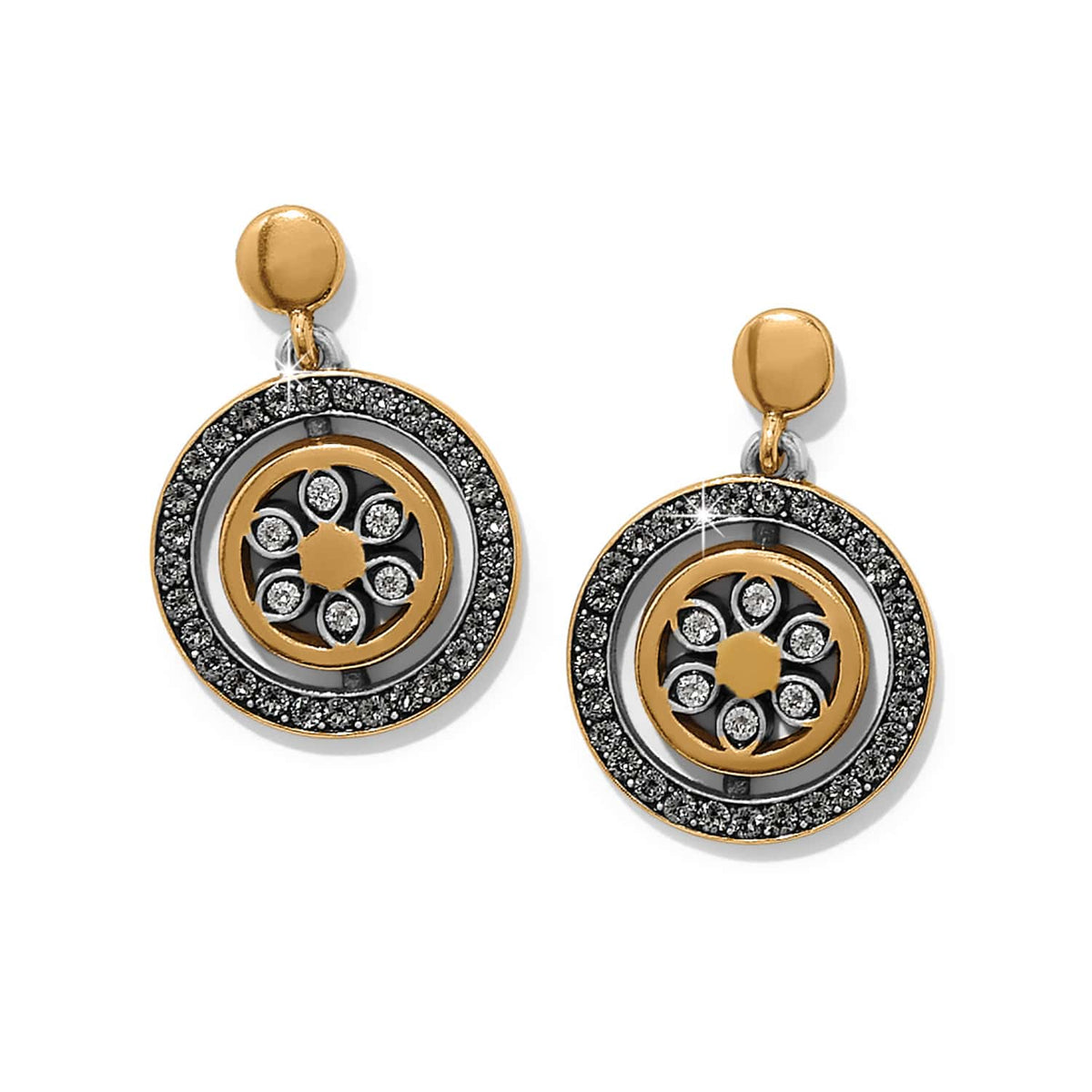 Brighton drop earrings with two-tone medallions, crystal accents, and openwork floral centers on a white background
