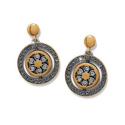 Brighton drop earrings with two-tone medallions, crystal accents, and openwork floral centers on a white background
