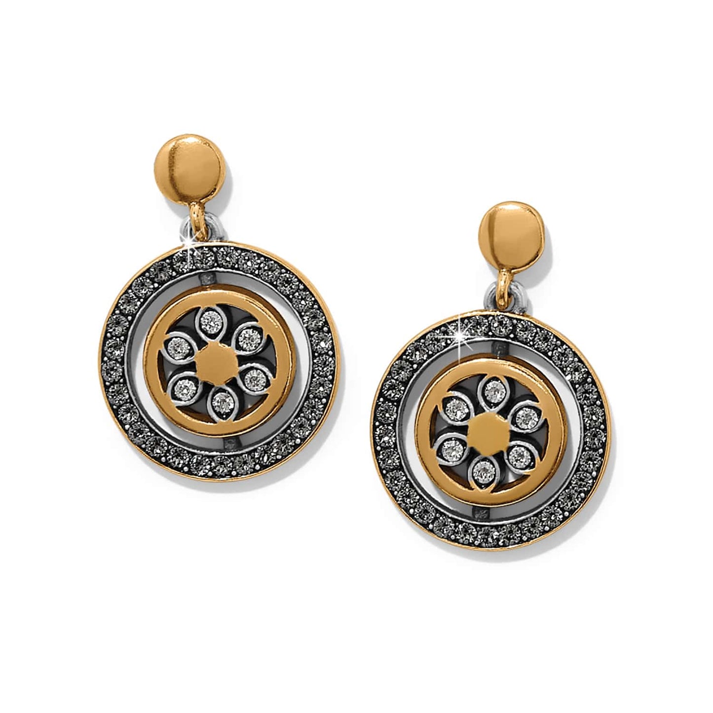 Brighton drop earrings with two-tone medallions, crystal accents, and openwork floral centers on a white background