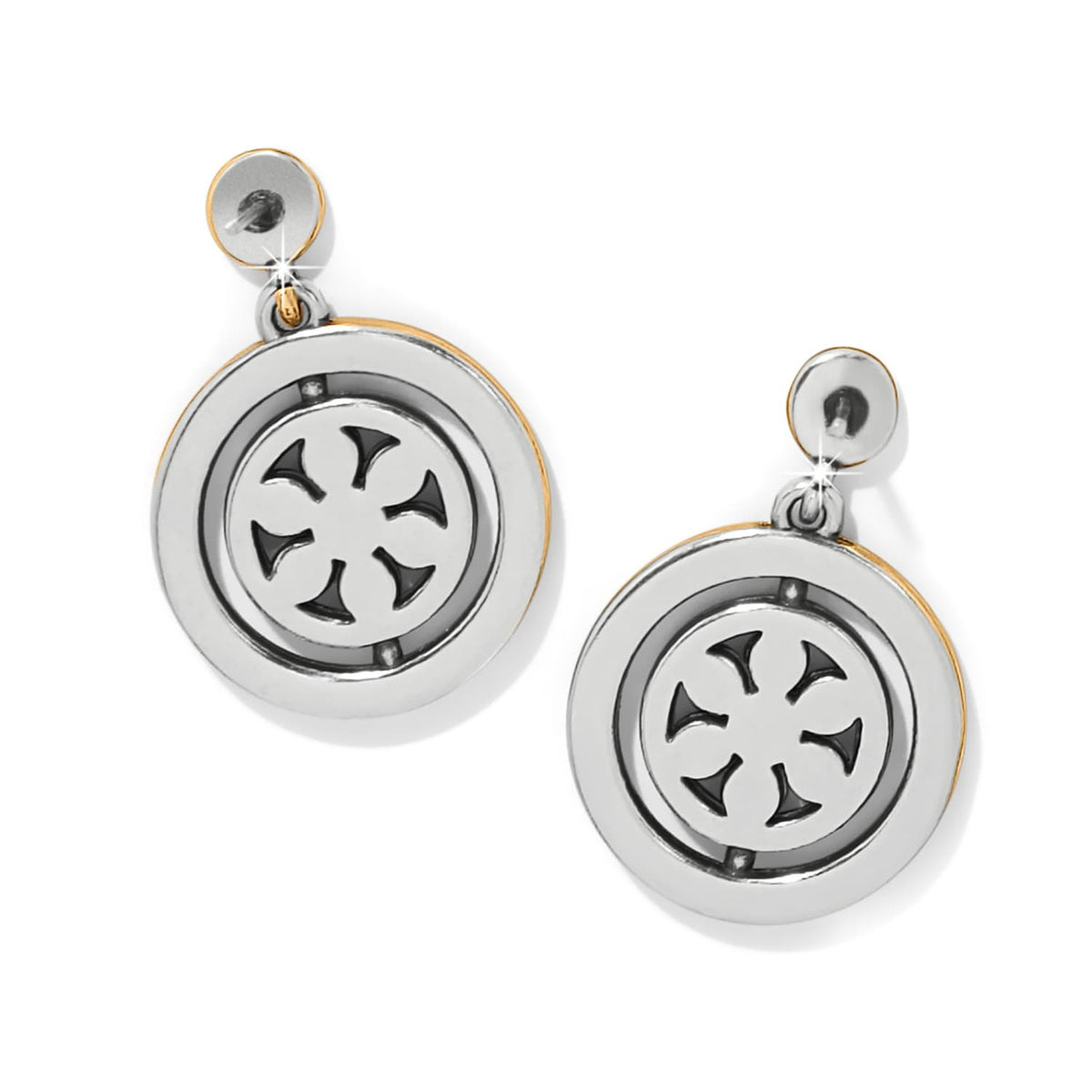 Brighton drop earrings with silver-plated round medallions featuring cutout cross pattern and post backs on a white background