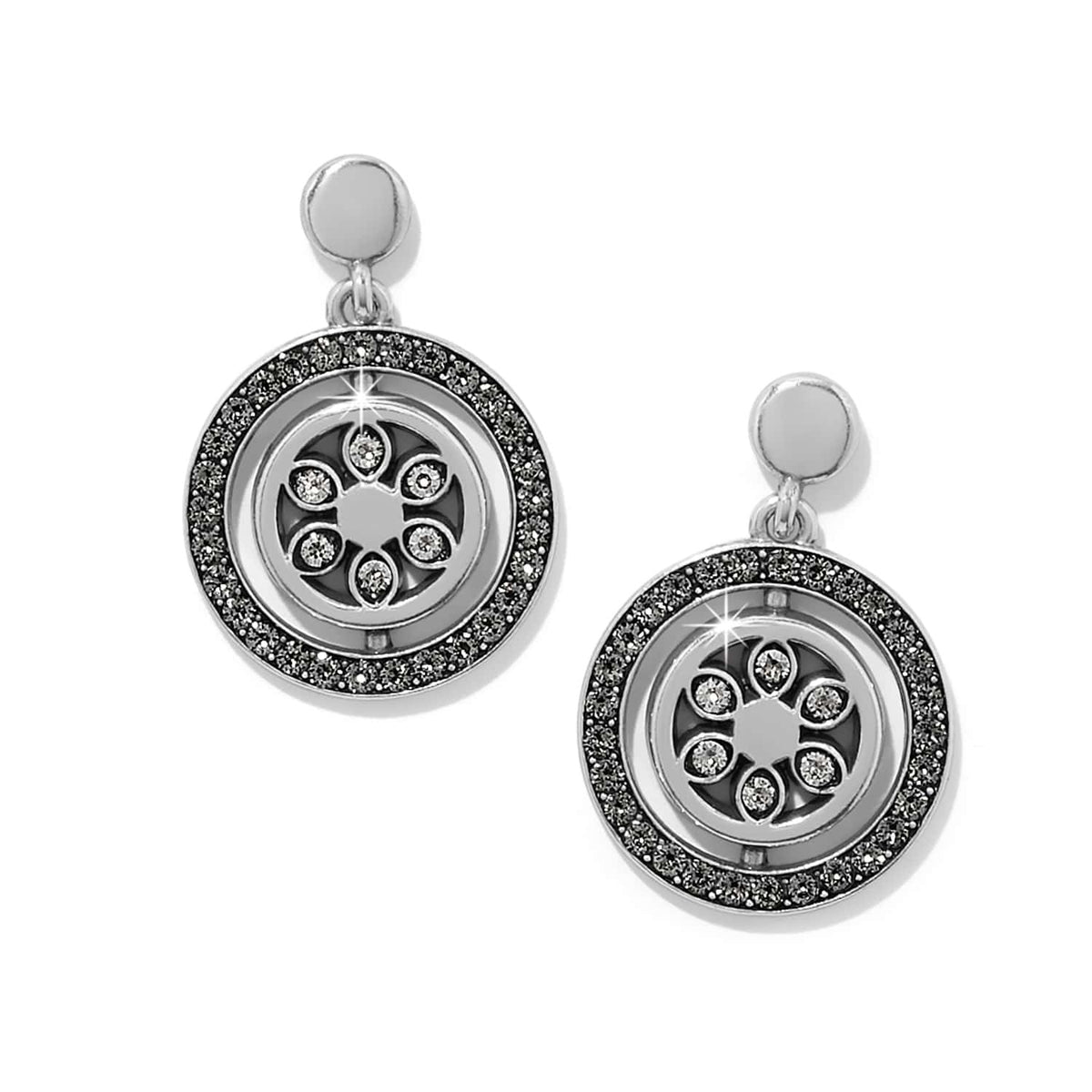 Brighton drop earrings with silver-plated medallions, crystal centers, and pavé crystal halos on a white background