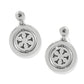 Brighton drop earrings with silver-plated round medallions featuring openwork cross design on a white background