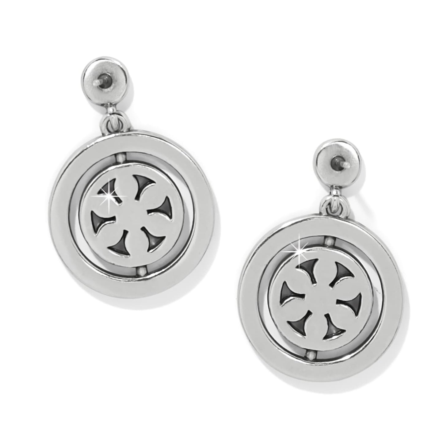 Brighton drop earrings with silver-plated round medallions featuring openwork cross design on a white background