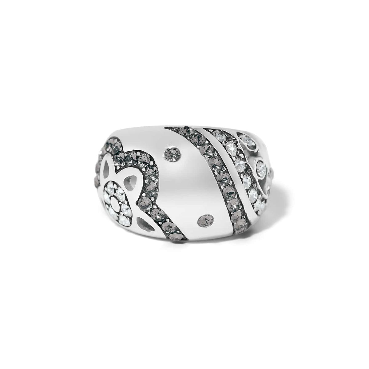 Brighton silver-plated ring with swirled crystal pavé bands and scattered crystal accents on a white background