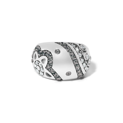 Brighton silver-plated ring with swirled crystal pavé bands and scattered crystal accents on a white background