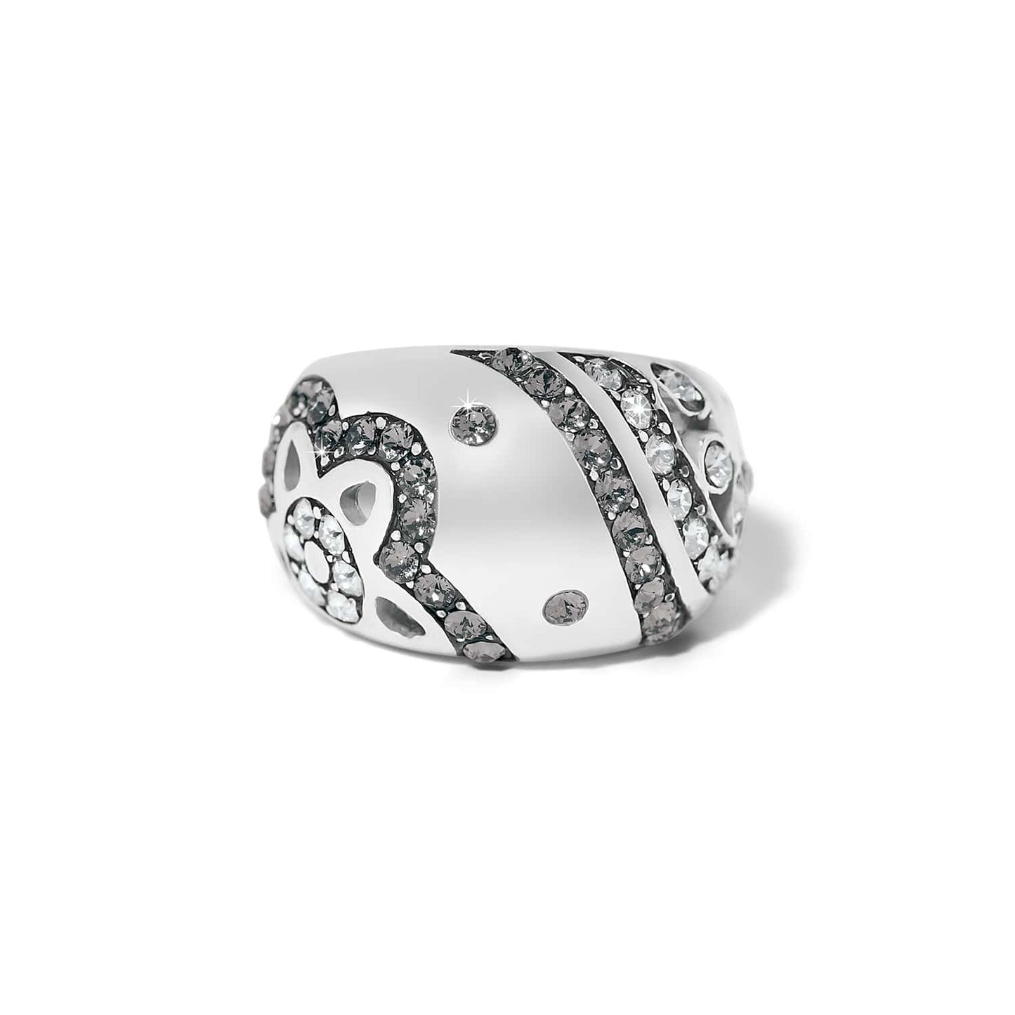 Brighton silver-plated ring with swirled crystal pavé bands and scattered crystal accents on a white background