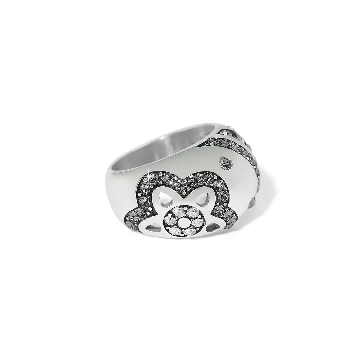 Brighton silver-plated ring with heart and floral cutout design accented by fine quality crystals on a white background