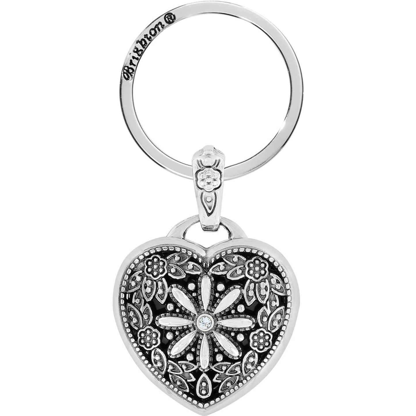 Brighton heart keychain with silver-plated floral filigree design, crystal center accent, and split ring on a white background