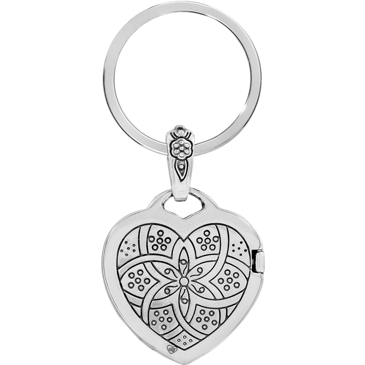 Brighton heart locket keychain with silver-plated engraved floral medallion design and split key ring on a white background