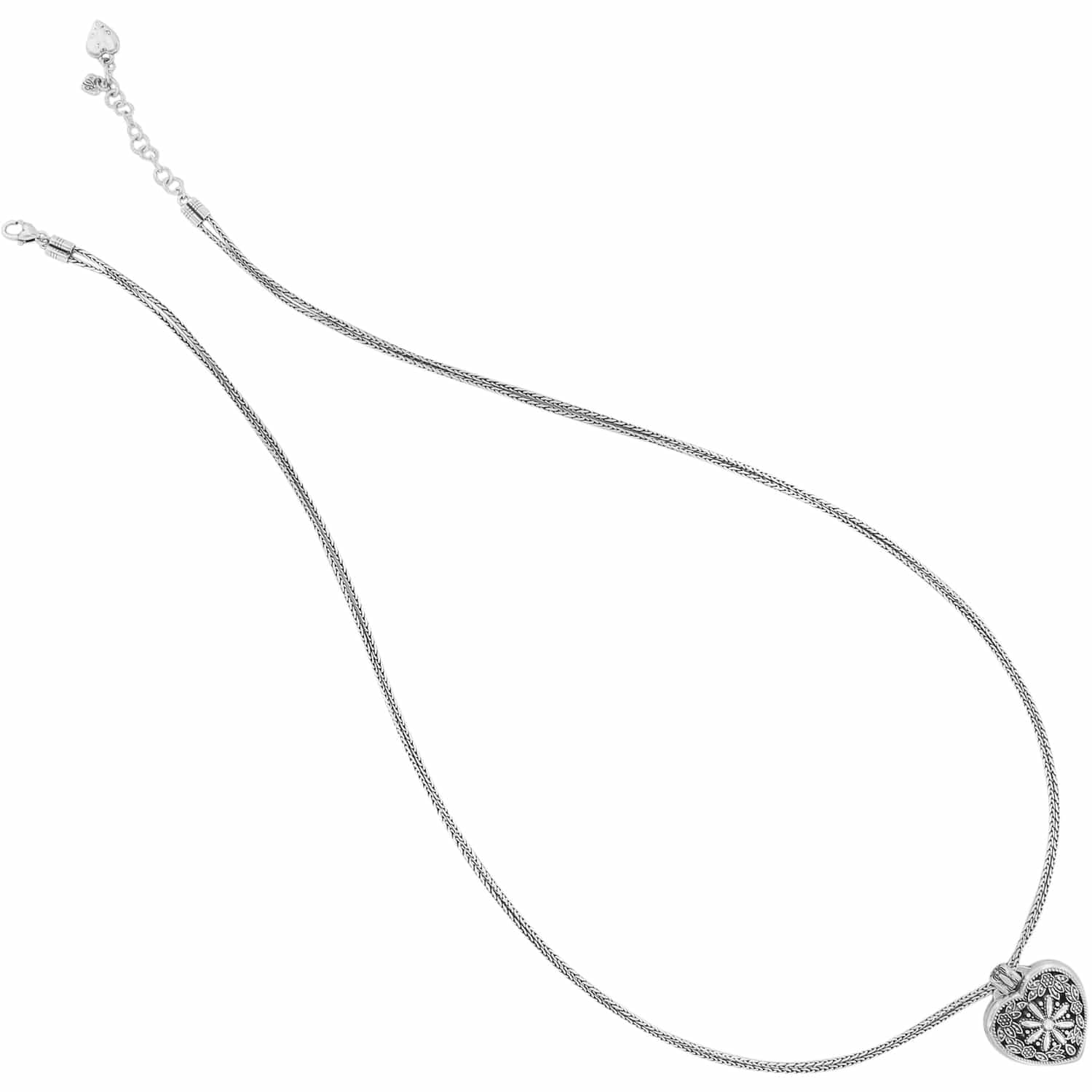 Brighton heart pendant necklace with silver-plated chain and floral engraved medallion with lobster clasp on a white background