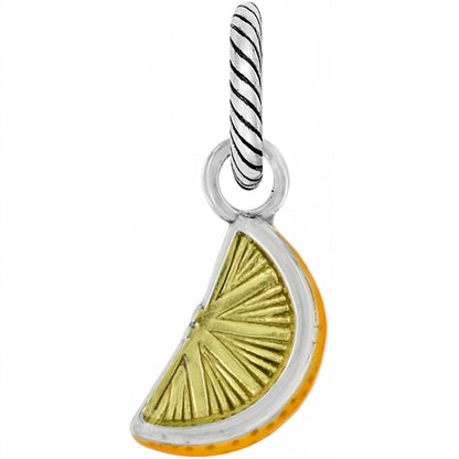 Brighton lemon slice charm with yellow enamel center and silver-plated twisted rope bail on a white background