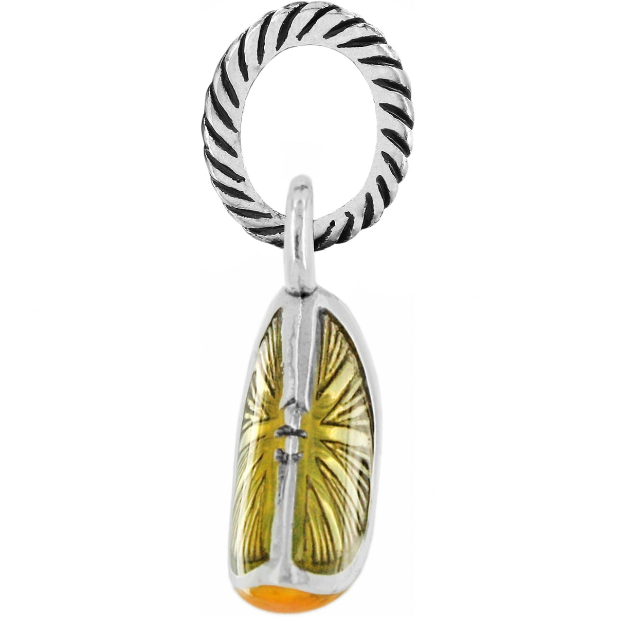 Brighton charm with silver-plated rope-textured ring and amber-toned drop featuring engraved radiating pattern on a white background