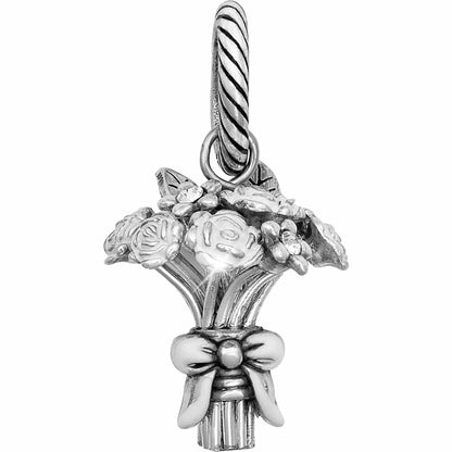 Brighton silver-plated charm shaped like a floral bouquet with roses, bow accent, and crystal details on a white background