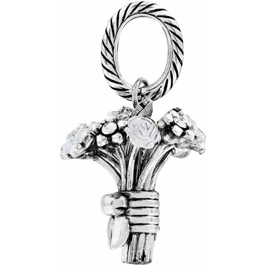 Brighton charm with silver-plated flower bouquet design, ribbon-tied base, and rope-textured loop on a white background