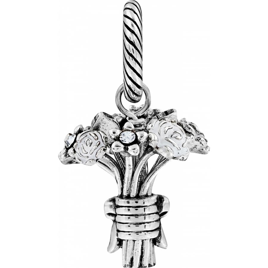 Brighton flower bouquet charm with silver-plated roses, crystal accent, and ribbon-tied base on a white background