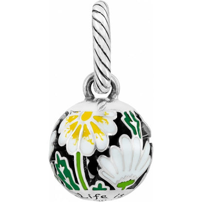 Brighton pendant charm with silver-plated rope bail and enamel daisy floral design in yellow, white, and green on a white background