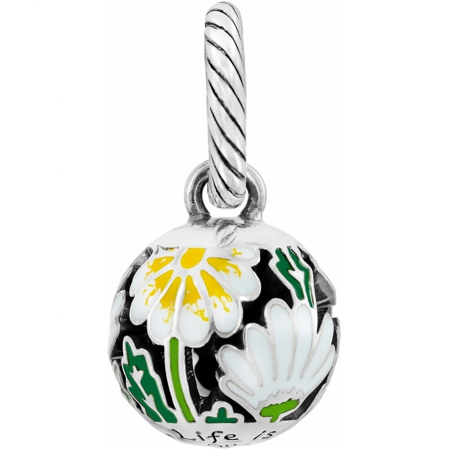 Brighton pendant charm with silver-plated rope bail and enamel daisy floral design in yellow, white, and green on a white background