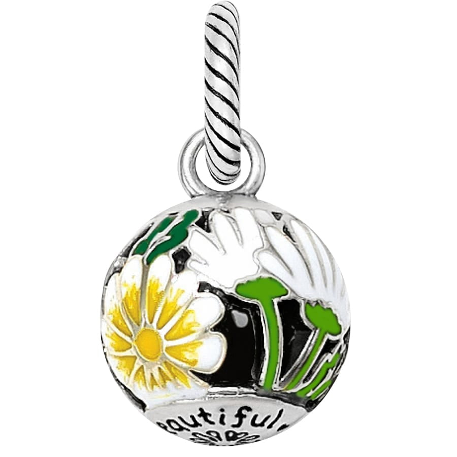 Brighton charm pendant with white and yellow daisy enamel design and silver-plated rope bail on a white background