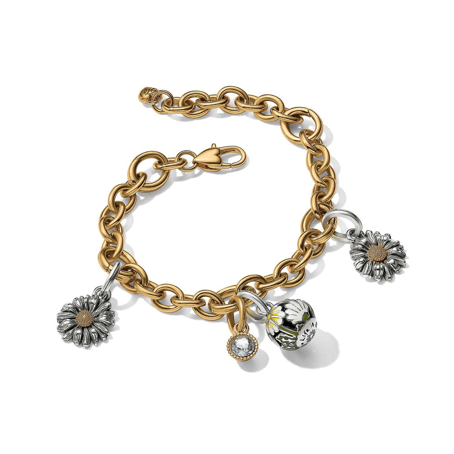Brighton gold-tone charm bracelet with silver-plated daisy charms, crystal drop, and floral bead on a white background