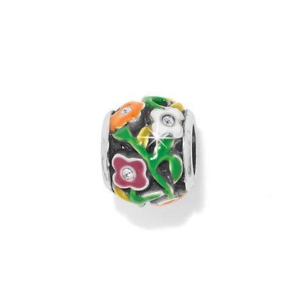 Brighton charm bead with silver-plated finish, enamel floral design in orange, white, and pink with crystals on a white background