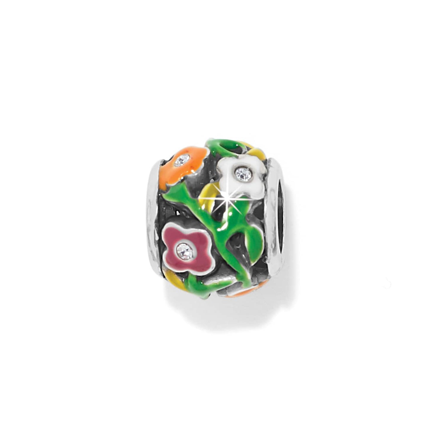 Brighton charm bead with silver-plated finish, enamel floral design in orange, white, and pink with crystals on a white background