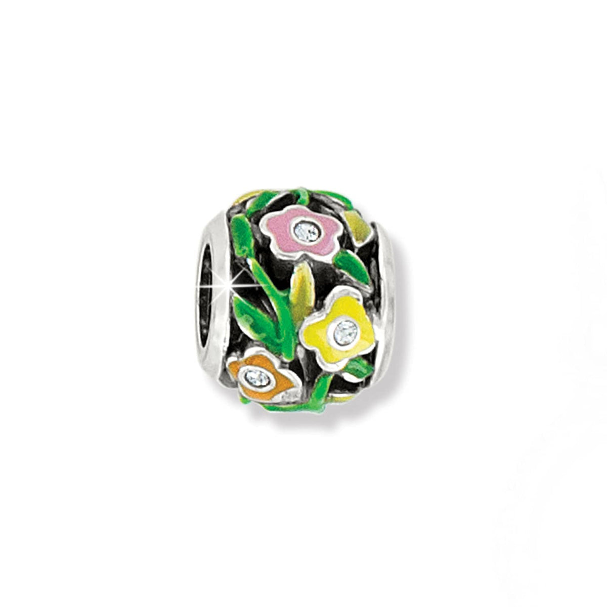 Brighton charm bead with silver-plated finish, enamel floral design in pink, yellow, orange, and crystal accents on a white background